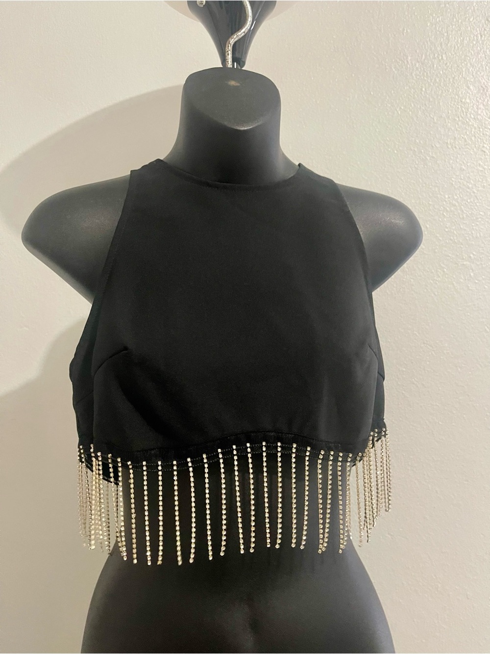 SHEIN Black Rhinestone Fringe Halter Crop Top